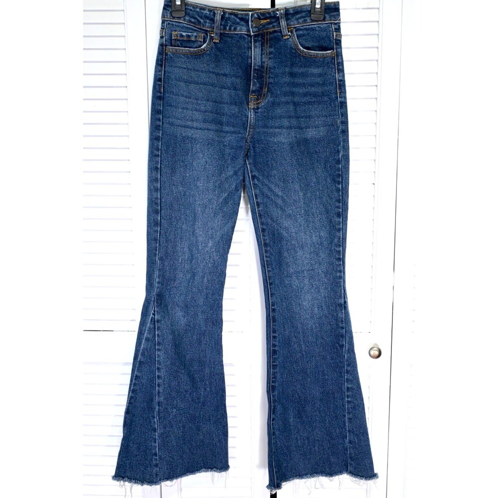 CELLO Womens Flare Jeans Size 3 Blue Denim Frayed Hem Stretch Boho Trendy
